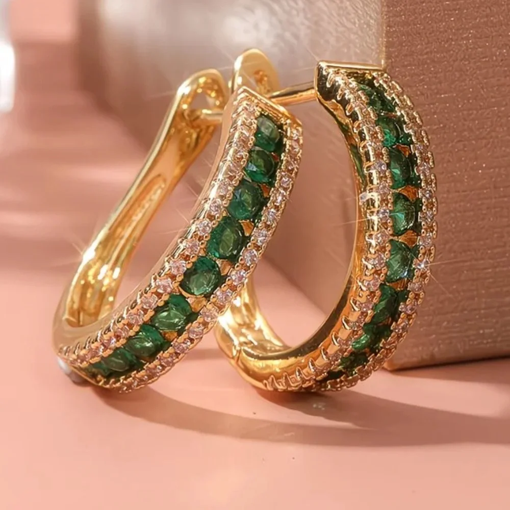 💚 Emerald Green CZ Gold Hoop Earrings Crystal Pave Luxe Statement